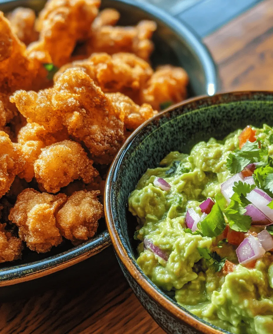 Crispy chicharrones paired with zesty guacamole is a dish that embodies the spirit of celebration and comfort food, especially in Latin American cultures. This vibrant combination takes the spotlight at festive gatherings, parties, and casual get-togethers, where the irresistible crunch of pork belly meets the smooth creaminess of ripe avocados. The contrast between the crispy exterior of the chicharrones and the refreshing taste of guacamole creates a delightful balance of flavors and textures that appeals to a wide array of palates.