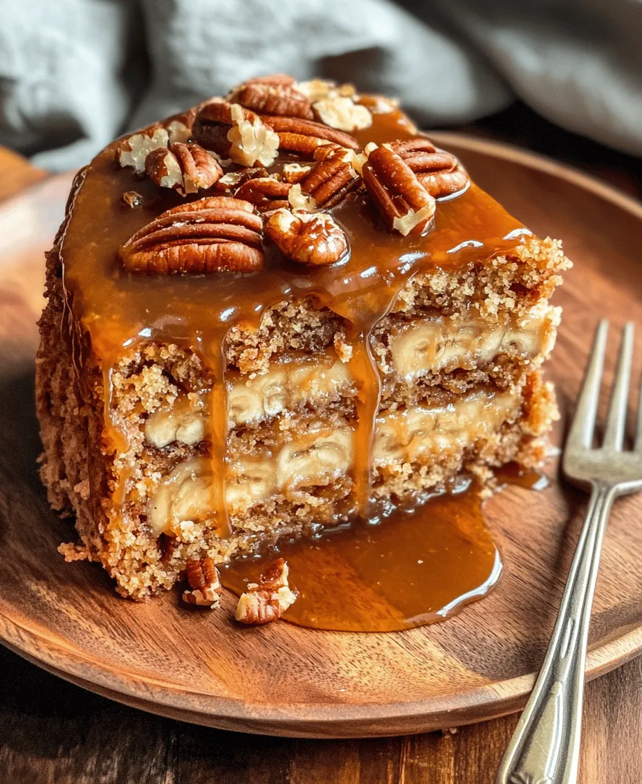 Imagine a cake that combines the sweet, comforting flavor of ripe bananas with the rich, buttery goodness of caramel and the delightful crunch of pecans. The Decadent Caramel Banana Pecan Cake is not just any dessert; it is a celebration on a plate. This cake boasts a moist and tender crumb, enveloped in a velvety caramel sauce that drips seductively down the sides, making it an instant showstopper at any gathering. Whether it's a family birthday party, a weekend brunch, or just a cozy evening at home, this cake is sure to impress.