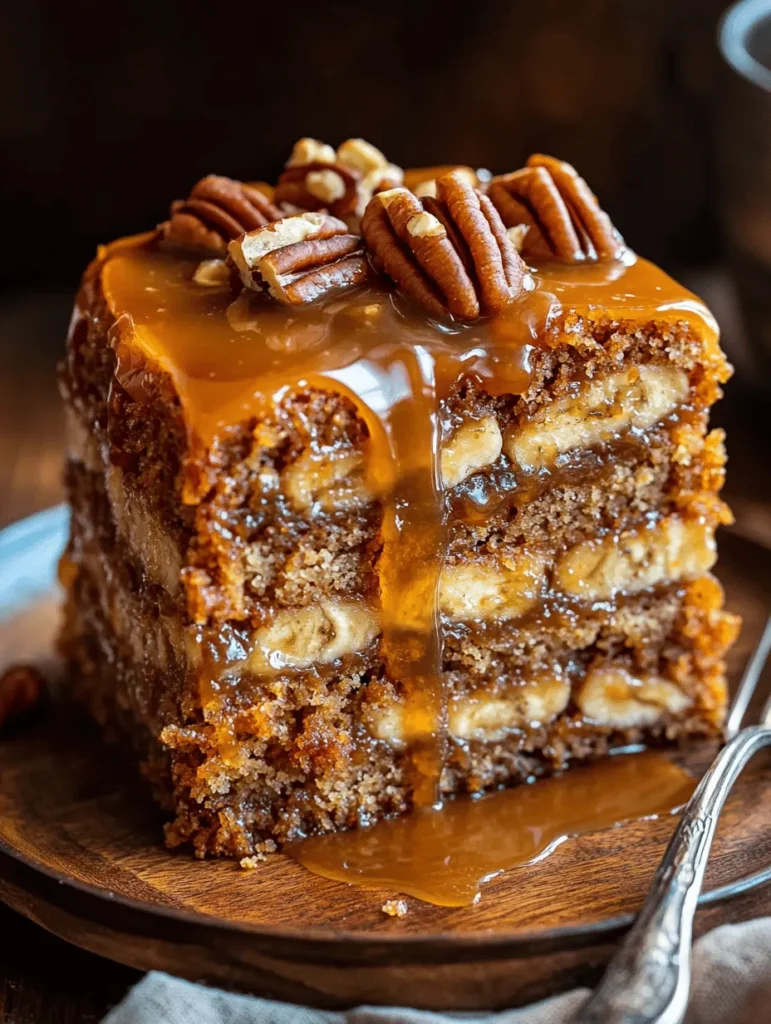 Imagine a cake that combines the sweet, comforting flavor of ripe bananas with the rich, buttery goodness of caramel and the delightful crunch of pecans. The Decadent Caramel Banana Pecan Cake is not just any dessert; it is a celebration on a plate. This cake boasts a moist and tender crumb, enveloped in a velvety caramel sauce that drips seductively down the sides, making it an instant showstopper at any gathering. Whether it's a family birthday party, a weekend brunch, or just a cozy evening at home, this cake is sure to impress.