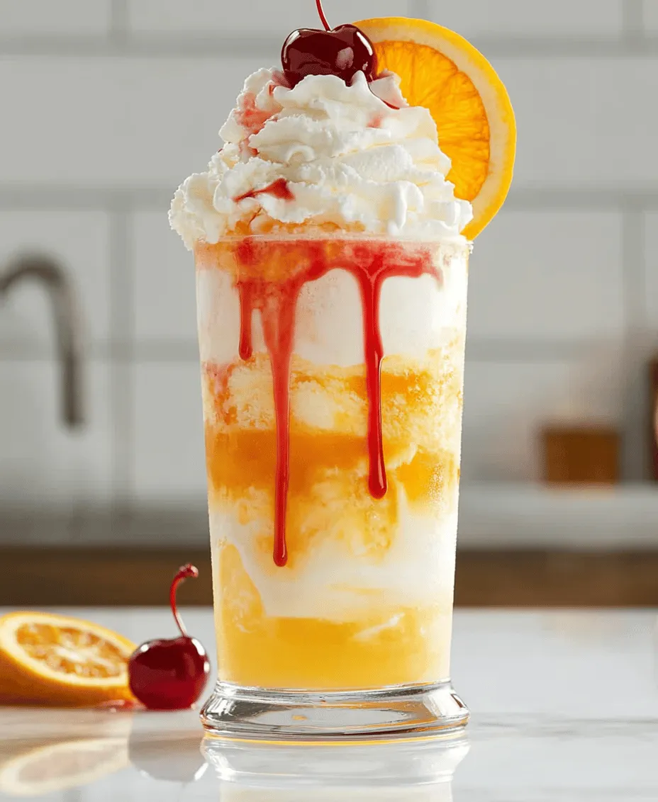 The Dirty Creamsicle Float is a delightful concoction that beautifully marries nostalgia with a contemporary flair. Imagine sinking your straw into a glass filled with creamy vanilla ice cream, zesty orange soda, and a splash of vodka for an adult twist on a childhood favorite. This refreshing treat not only evokes memories of summer days spent enjoying frozen creamsicles but also introduces a new dimension of flavor with a tangy kick.