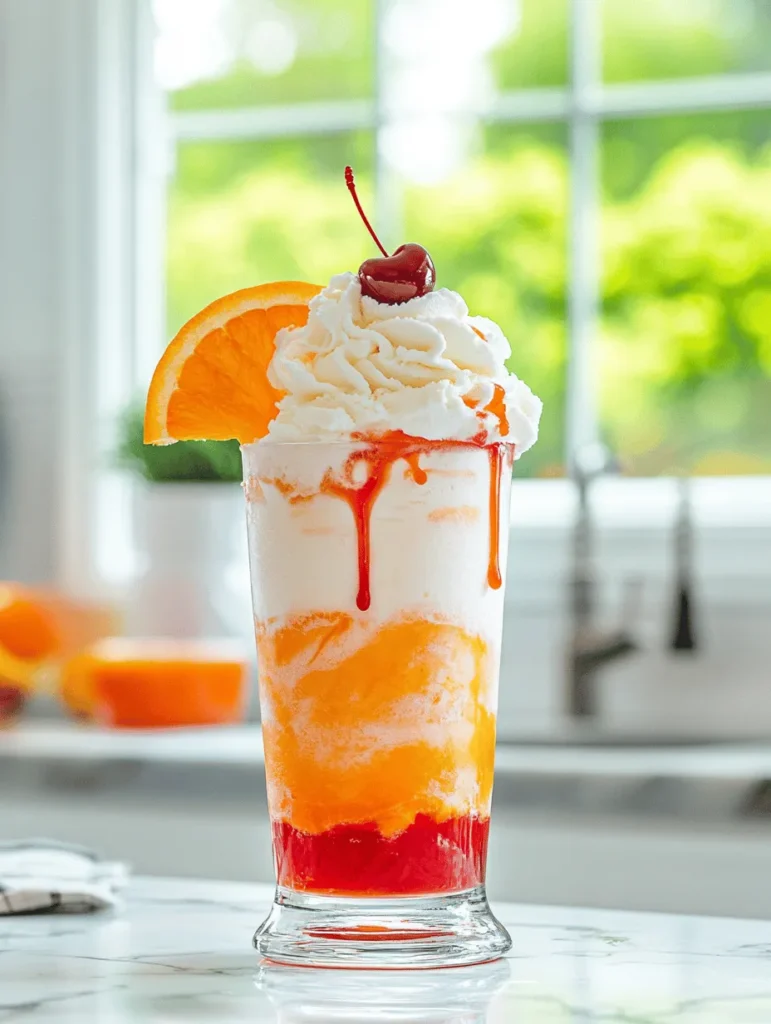 The Dirty Creamsicle Float is a delightful concoction that beautifully marries nostalgia with a contemporary flair. Imagine sinking your straw into a glass filled with creamy vanilla ice cream, zesty orange soda, and a splash of vodka for an adult twist on a childhood favorite. This refreshing treat not only evokes memories of summer days spent enjoying frozen creamsicles but also introduces a new dimension of flavor with a tangy kick.