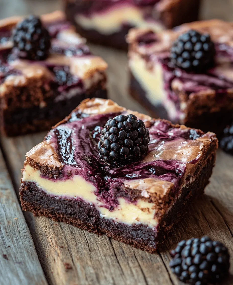1. <strong>Unsalted Butter</strong>: The foundation of any great brownie starts with butter. Unsalted butter is preferred because it allows for better control over the overall saltiness of the dessert. It also contributes to the rich flavor and fudgy texture that brownies are known for.” /></p>
</p>
<h3>Mixing Techniques to Achieve a Creamy Texture</h3>
</p>
<p>Creating the perfect brownie begins with mastering the mixing techniques that will lead to a creamy and indulgent texture. The richness of the Blackberry Cream Cheese Brownies hinges on how well we blend our ingredients.</p>
</p>
<h4>Making the Brownie Batter</h4>
</p>
<p><strong>Melting Butter and Mixing with Sugar</strong></p>
</p>
<p>Start by melting 1 cup (2 sticks) of unsalted butter in a medium saucepan over low heat. Stir the butter continuously to ensure it melts evenly without browning. Once fully melted, remove the saucepan from heat and let the butter cool slightly for about 5 minutes.</p>
</p>
<p>Next, in a large mixing bowl, combine the melted butter with 2 cups of granulated sugar. Use a whisk to blend them together until the mixture is smooth and glossy. This process incorporates air into the batter, which helps in achieving a light texture.</p>
</p>
<p><strong>Importance of Cooling Butter Before Adding Eggs</strong></p>
</p>
<p>Allowing the butter to cool is crucial. If you add the eggs while the butter is still hot, you risk scrambling them, resulting in an undesirable texture. After letting the butter cool, add 4 large eggs one at a time, whisking well after each addition. This step ensures a perfectly blended batter that is rich and creamy.</p>
</p>
<p><strong>Step-by-Step Guide on Incorporating Dry Ingredients</strong></p>
</p>
<p>In a separate bowl, sift together 1 cup of all-purpose flour, 1 cup of unsweetened cocoa powder, and 1 teaspoon of salt. Sifting these ingredients helps to eliminate lumps and incorporates air, leading to a lighter brownie. Gradually fold the dry ingredients into the butter and sugar mixture using a rubber spatula.</p>
</p>
<p>Be gentle during this process. The key is to mix until the dry ingredients are just combined with the wet ones. Overmixing can lead to tough brownies due to the development of gluten, which we want to avoid.</p>
</p>
<p><strong>Visual Cues to Look for in the Brownie Batter</strong></p>
</p>
<p>The brownie batter should be thick and glossy but not dry. It should fall from your spatula in a ribbon-like consistency. When lifted, it should slowly fold back into the batter, creating a slight mound before disappearing. This visual cue indicates that your batter is perfectly mixed and ready for the next step.</p>
</p>
<h3>Creating the Swirl</h3>
</p>
<p><strong>Layering Techniques for Optimal Marbling</strong></p>
</p>
<p>To create the luscious blackberry cream cheese swirl, start by preparing the cream cheese mixture. In a bowl, beat together 8 ounces of softened cream cheese, 1/2 cup of powdered sugar, and 1 teaspoon of vanilla extract until smooth and creamy.</p>
</p>
<p>Now, pour half of the brownie batter into a greased 9×13-inch baking pan, spreading it evenly. Next, dollop spoonfuls of the cream cheese mixture across the brownie batter. Then, layer the remaining brownie batter on top, spreading it gently to cover the cream cheese.</p>
</p>
<p><strong>Tips on Dolloping and Spreading the Mixtures</strong></p>
</p>
<p>When dolloping the cream cheese mixture, make sure to space the dollops evenly across the surface. This will help in achieving a balanced swirl throughout the brownies. After adding the second layer of brownie batter, use a spatula to spread it gently, ensuring not to disturb the cream cheese too much.</p>
</p>
<p><strong>Importance of Swirling Method for Visual Appeal and Flavor Distribution</strong></p>
</p>
<p>To create that beautiful marbled effect, take a butter knife or a skewer and gently swirl it through the batter. Start at one end, and with a light hand, draw the knife through the layers in a figure-eight motion. Be cautious not to overmix; you want to see distinct swirls of cream cheese and brownie batter to highlight the visual appeal and ensure an even flavor distribution.</p>
</p>
<h3>Baking the Brownies</h3>
</p>
<p><strong>Ideal Baking Time and Temperature</strong></p>
</p>
<p>Preheat your oven to 350°F (175°C). Once preheated, place your prepared baking pan in the oven and bake for approximately 30-35 minutes. The edges should appear set, while the center may still look slightly underbaked.</p>
</p>
<p><strong>Tips for Checking Doneness with a Toothpick</strong></p>
</p>
<p>To check for doneness, insert a toothpick into the center of the brownies. If it comes out with a few moist crumbs but not wet batter, your brownies are ready. Remember that they will continue to cook slightly from residual heat after being removed from the oven.</p>
</p>
<p><strong>Importance of Cooling Before Cutting</strong></p>
</p>
<p>Once baked, remove the brownies from the oven and allow them to cool in the pan on a wire rack for at least 30 minutes. This cooling period is essential as it allows the structure to set, making them easier to cut.</p>
</p>
<p><strong>Explanation of How Cooling Affects Texture and Ease of Slicing</strong></p>
</p>
<p>If you attempt to cut the brownies too soon, they may fall apart and lose their shape. Cooling them helps achieve that fudgy, dense texture we love in brownies.</p>
</p>
<p><strong>Benefits of Refrigerating Brownies for Cleaner Edges</strong></p>
</p>
<p>For the cleanest edges, consider refrigerating the brownies for about an hour after they have cooled to room temperature. This chilling process firms them up, making it easier to slice into perfect squares.</p>
</p>
<h3>Serving Suggestions</h3>
</p>
<p><strong>Ideal Occasions for Serving Blackberry Cream Cheese Brownies</strong></p>
</p>
<p>These Blackberry Cream Cheese Brownies are versatile and can be served at various occasions. Whether it’s a birthday party, a family gathering, or a simple dessert for a weeknight dinner, these brownies are sure to impress.</p>
</p>
<p><strong>Suggested Pairings with Beverages or Ice Cream</strong></p>
</p>
<p>Consider pairing these brownies with a scoop of vanilla ice cream or a dollop of whipped cream for an indulgent treat. For beverages, a cup of freshly brewed coffee or a glass of cold milk complements the rich chocolate flavor beautifully.</p>
</p>
<p><strong>Presentation Ideas for Serving at Gatherings</strong></p>
</p>
<p>When serving at gatherings, plate the brownies on a decorative platter. You can garnish them with fresh blackberries and a light dusting of powdered sugar for an added touch of elegance. Consider using parchment paper to line your serving dish, as it adds a rustic feel that enhances the overall presentation.</p>
</p>
<h3>Conclusion</h3>
</p>
<p>In summary, Blackberry Cream Cheese Brownies are a delightful fusion of rich chocolate and tangy blackberry flavors that create an unforgettable dessert experience. The creamy texture of the brownie, enhanced by the luscious cream cheese swirl, makes each bite a perfect balance of sweetness and tartness.</p>
</p>
<p>This recipe not only offers an indulgent treat but also a beautiful presentation that is sure to impress guests. Whether for a special occasion or a simple treat at home, these brownies are a must-try for anyone seeking a dessert that delights both the palate and the eyes. Embrace the joy of baking and the satisfaction of creating this exquisite dessert that beautifully marries flavor and presentation.</p>
<div id=