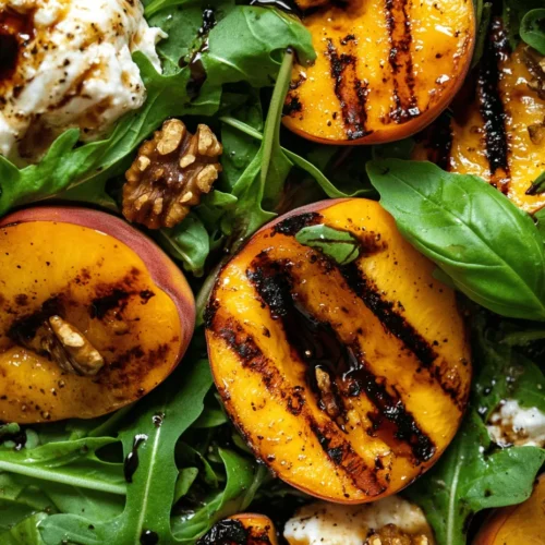 Peaches are the star of this summer salad. Their sweet, juicy flesh not only adds a burst of flavor but also a beautiful golden hue that enhances the dish’s visual appeal. Peaches are a stone fruit, belonging to the genus Prunus, which also includes cherries, plums, and almonds. Their rich flavor profile makes them an ideal candidate for grilling, as the heat caramelizes their natural sugars, intensifying their sweetness and creating a smoky depth.