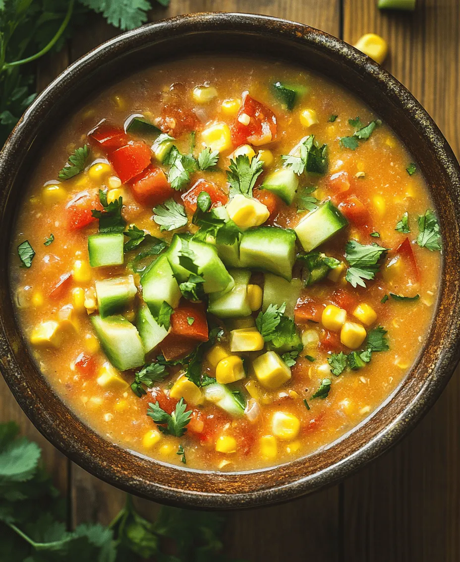 As the summer sun paints the landscape in vibrant hues and temperatures soar, the allure of chilled soups becomes irresistible. Gazpacho, a classic chilled soup hailing from the sunny regions of Spain, is the perfect dish to celebrate the season's bounty. Traditionally made with ripe tomatoes and a medley of fresh vegetables, gazpacho is a refreshing option that cools the body and tantalizes the taste buds. This recipe for Chilled Fresh Corn Gazpacho Delight elevates the classic concept by starring sweet, juicy corn, making it a must-try for summer gatherings and family meals alike.